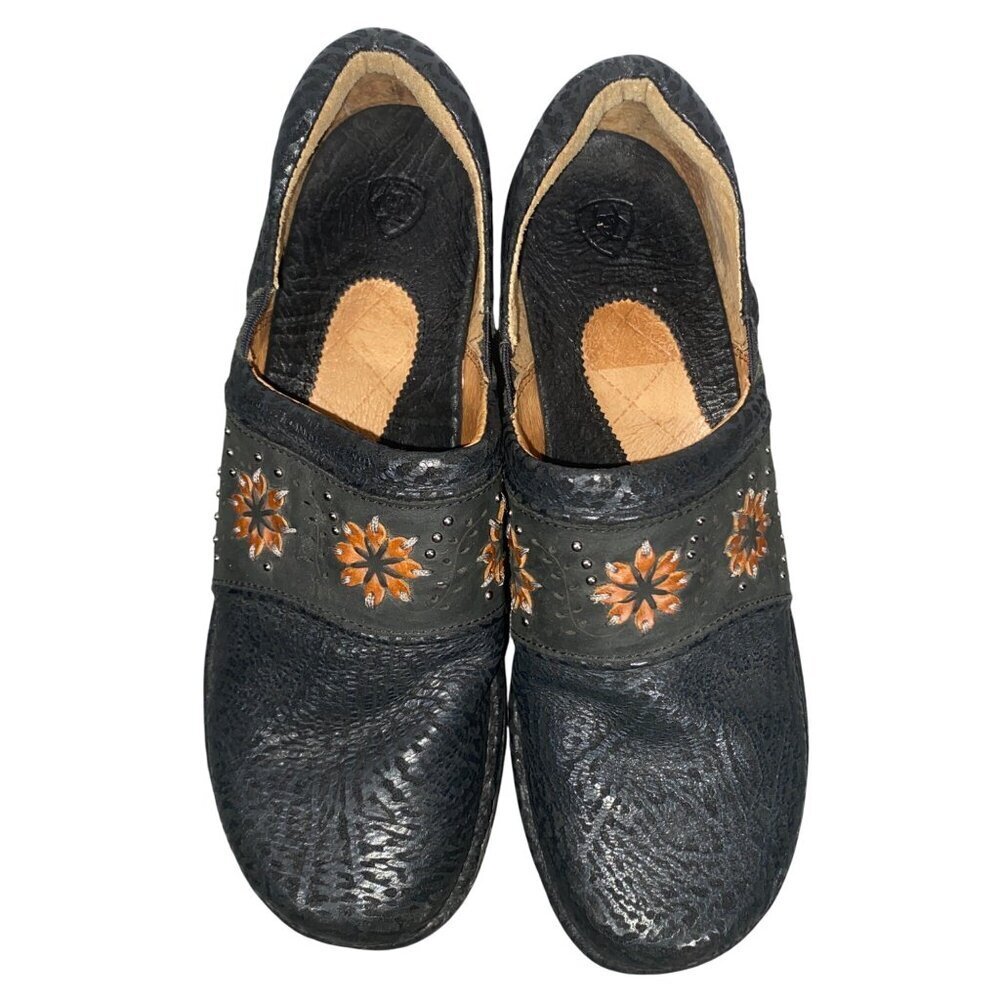Ariat Womens Black Embossed Leather Clogs With Floral embroidered & studs 10 - Picture 3 of 11